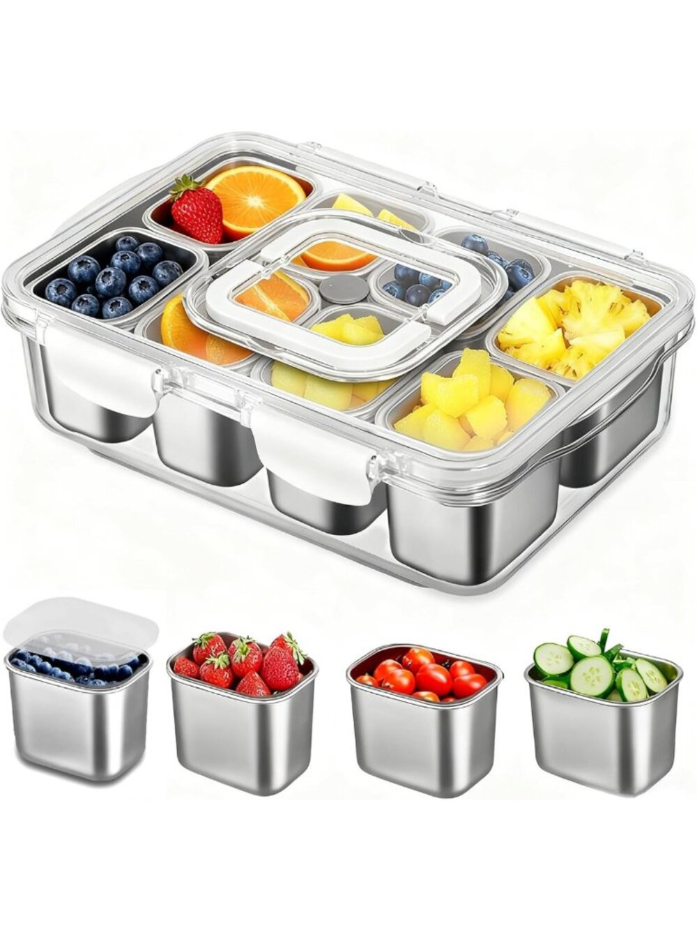 Large Stainless Steel Snack Tray with Lid & Handle - 8-Compartment Serving